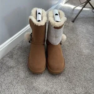 UGG Chestnut Boots with Fluffy Pom-Poms